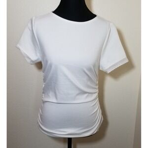 Del Ra Womens Small White Shirt Ruched Lace Preppy Minimalist Cottage Boho NWT